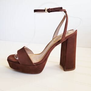 Steve Madden Lessa Sandals 9.5 Brown Suede Chunky Heel Platform Strappy